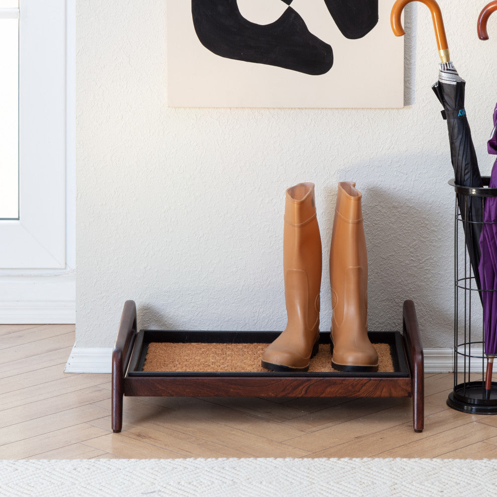 Single-Tier Brown Stand With 2-Pair Rubber Boot Tray Smoked Oak