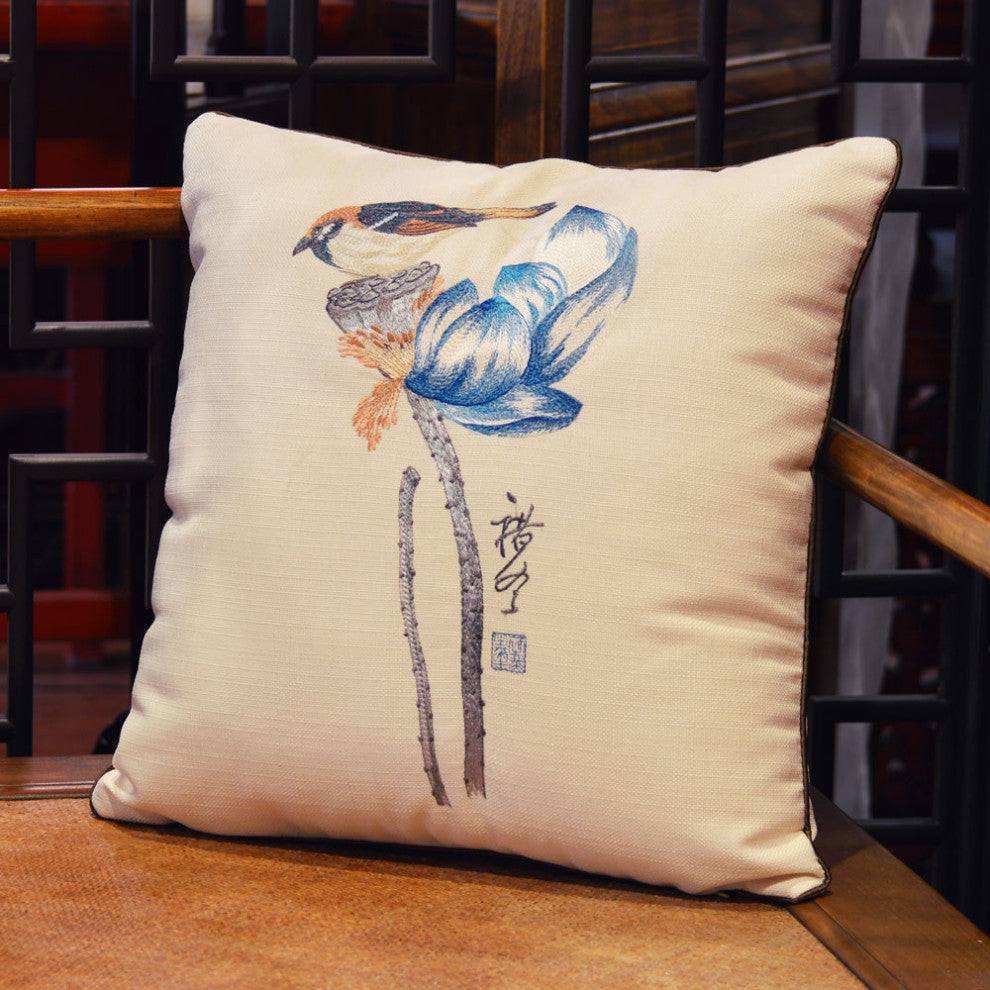 Beige Chinese Linen Bird and Lotus Flower Embroidered Pillow