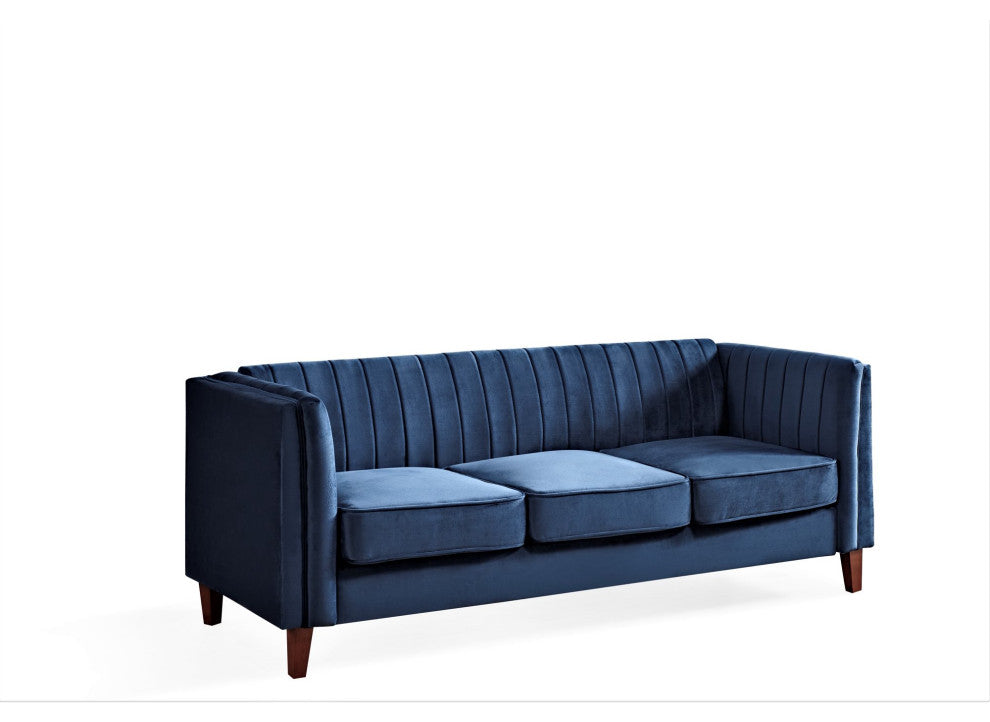 Modern 3 Seater Sofa, Velvet Seat & Vertical Channel Tufted Backrest, Dark Blue