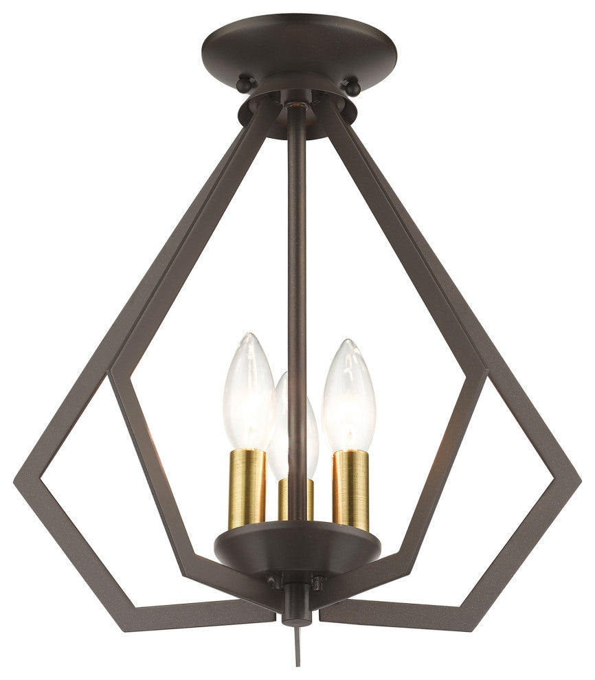 Prism 3-Light English Bronze Semi-Flush/Small Pendant, Antique Brass Accents