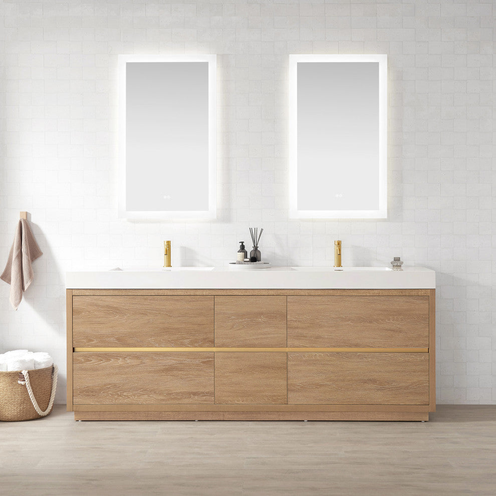 Huesca Bath Vanity, Integrated Sink Top, North American Oak, 84", Without Mirror