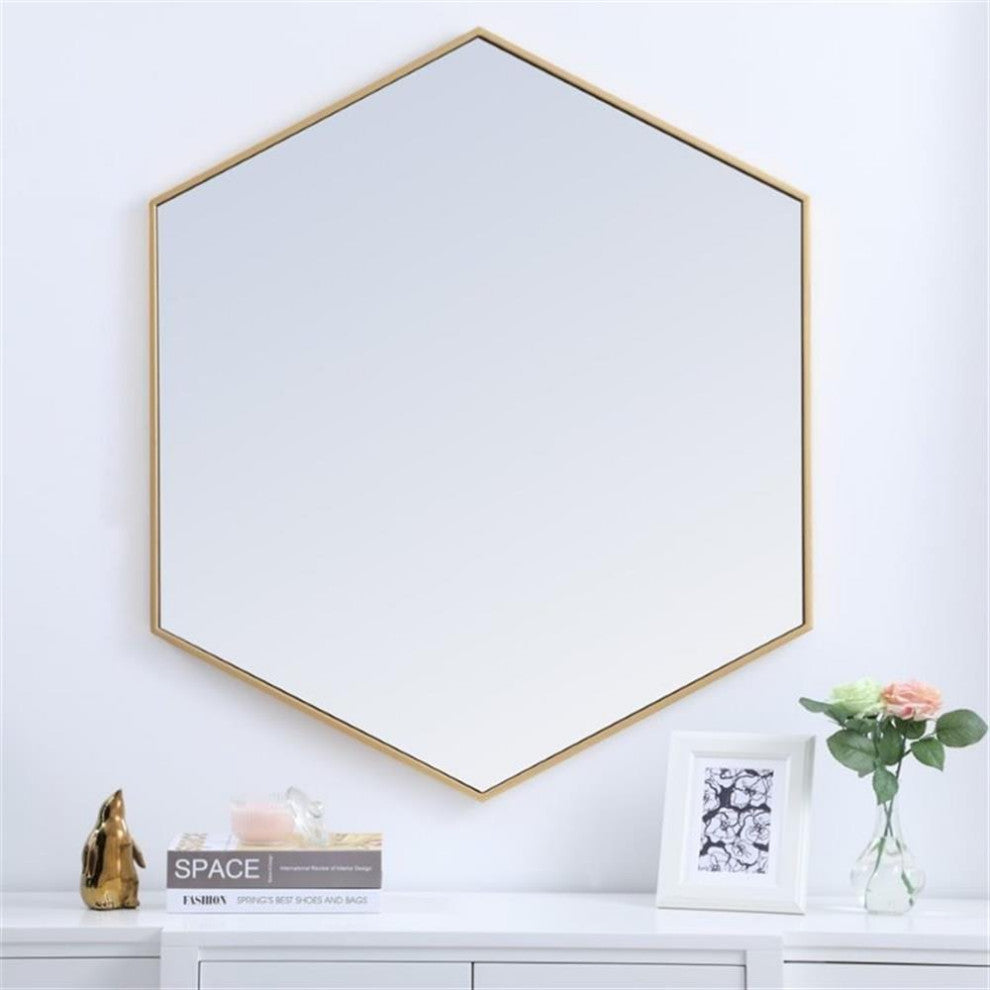 Elegant Decor Eternity 35" x 41" Hexagonal Metal Frame Mirror in Brass
