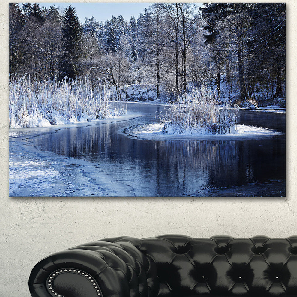 Winter Lake in Deep Forest, Landscape Canvas Art Print, 60"x28"