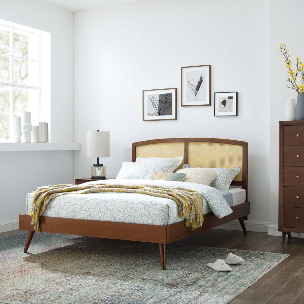 Platform Bed Frame, Full Size, Wood, Brown Walnut, Modern Mid-Century, Bedroom