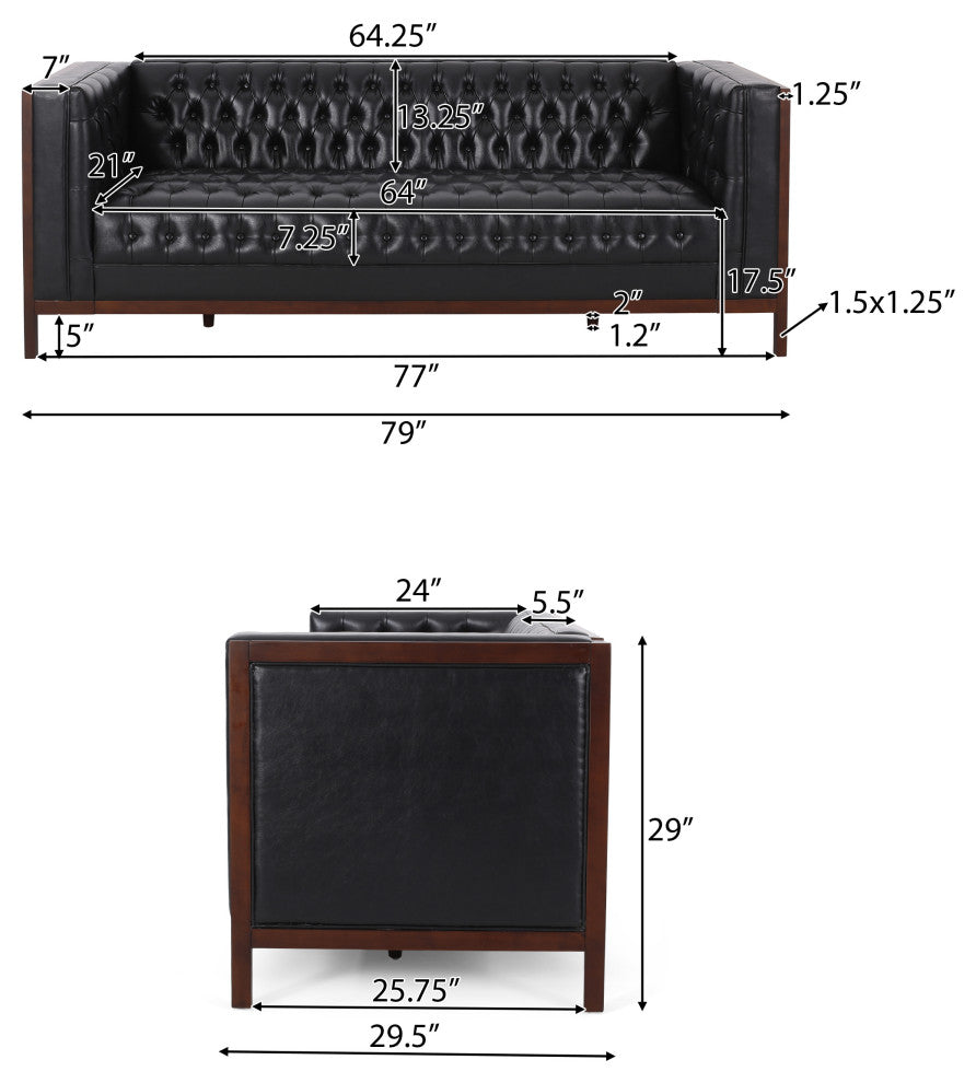 Elias Faux Leather Tufted 3 Seater Sofa, Midnight + Espresso