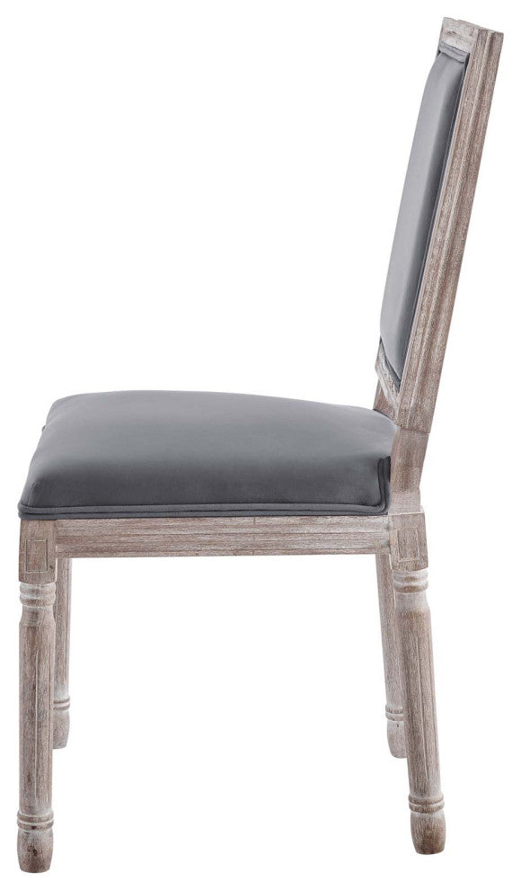 French Vintage Side Dining Chair, Velvet, Wood, Brown Natural Gray, Modern
