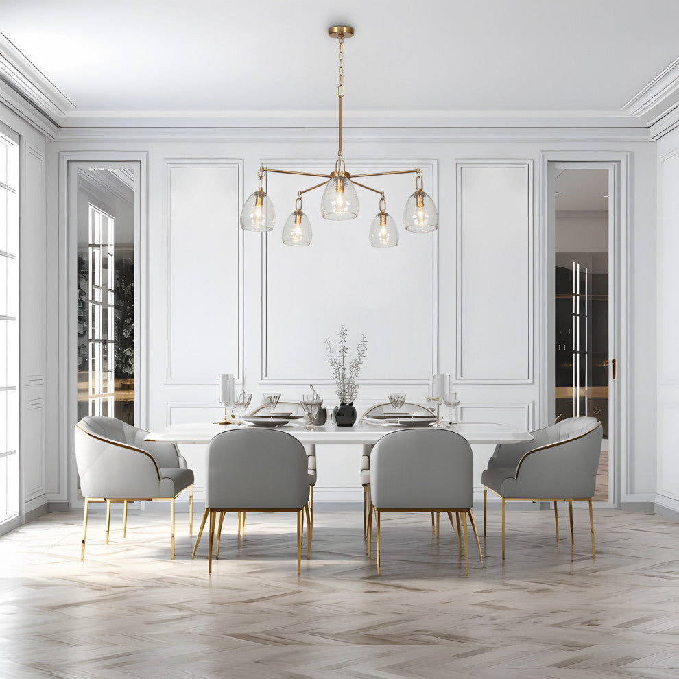 LNC Polished Gold Modern Textured-Glass Chandelier, Radial Design, 5 Lights