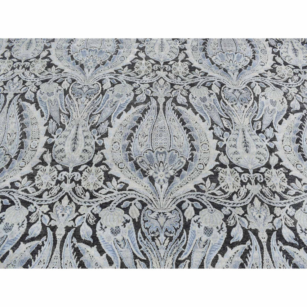 Goose Gray Pure Silk With Wool Tulip Flower Design Hand Knotted Rug 9'x12'2"