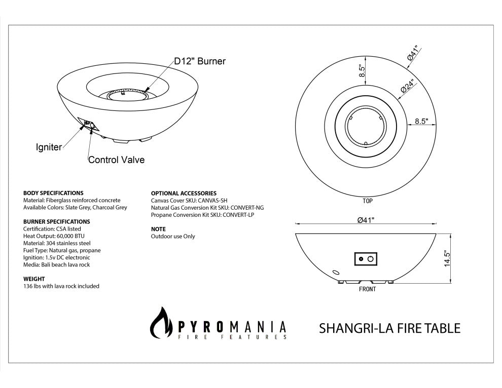 Pyromania Shangri-La Concrete Fire Bowl, 41", Slate Gray, Propane