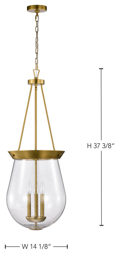 Boliver 3 Light Pendant, 14", Vintage Brass Finish, Clear Seeded Glass