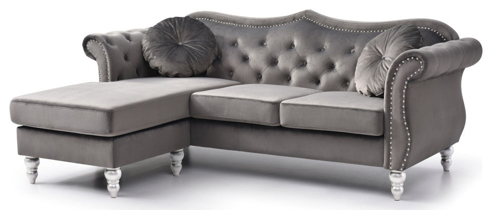 Hollywood Velvet Tufted sofa With Reversible Chaise, Dark Gray