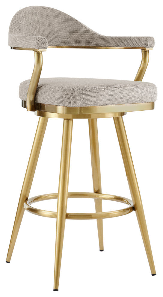 Justin 30" Swivel Bar Stool With Gold Brushed Stainless Steel and Taupe Fabric