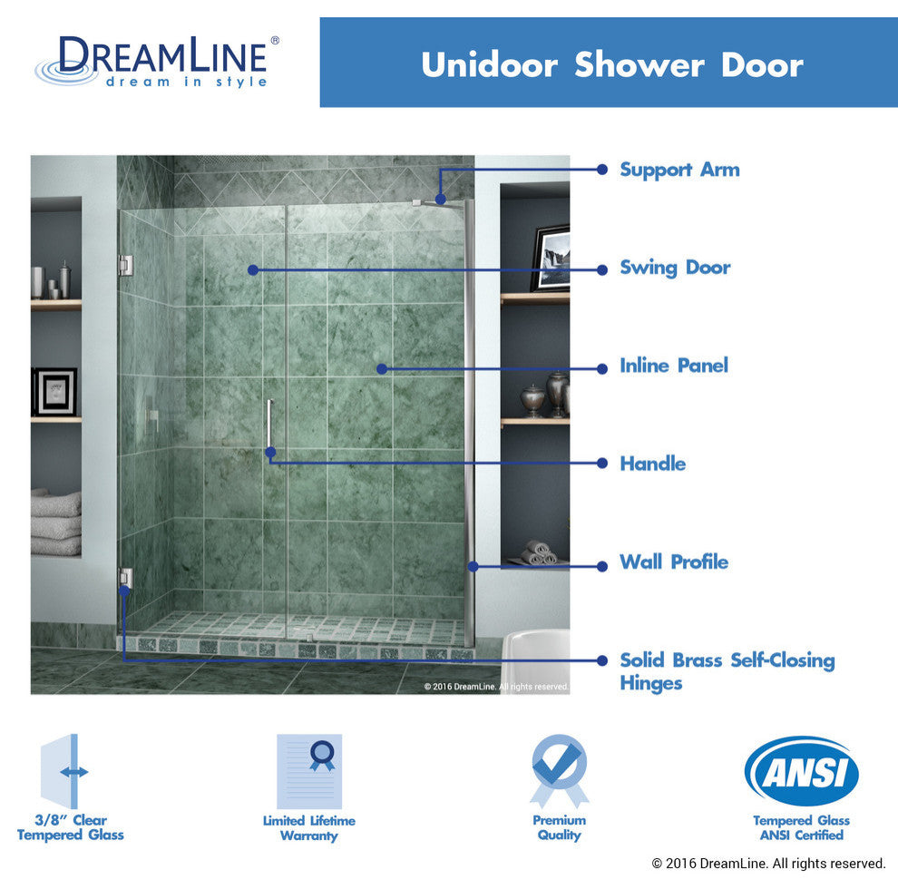 DreamLine Unidoor 58" to 59" Frameless Hinged Shower Door, Brushed Nickel