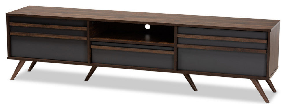 Colwyn Two-Tone Gray and Walnut Wood TV Stand With Drop-Down Compartments
