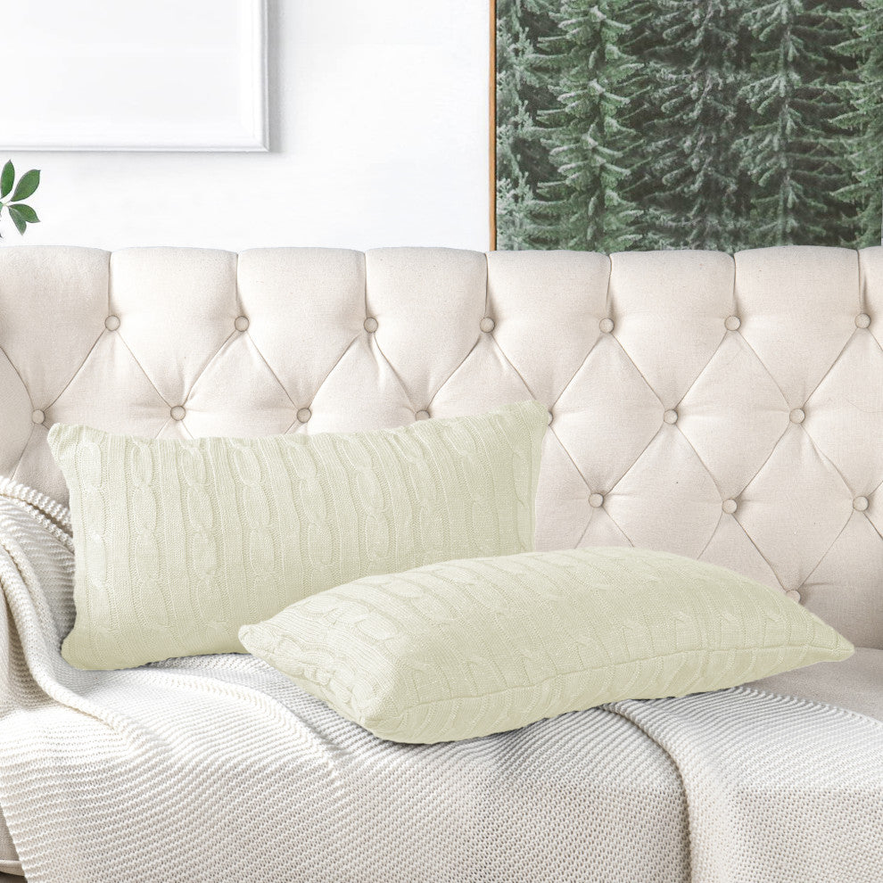 Cable Knit 2 Piece Lumbar Pillow Shell Set, Antique White, 2 Piece, 14"x26"