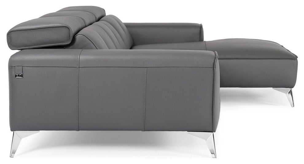 Raj Grey Reclining Leather Sectional, Right Chaise