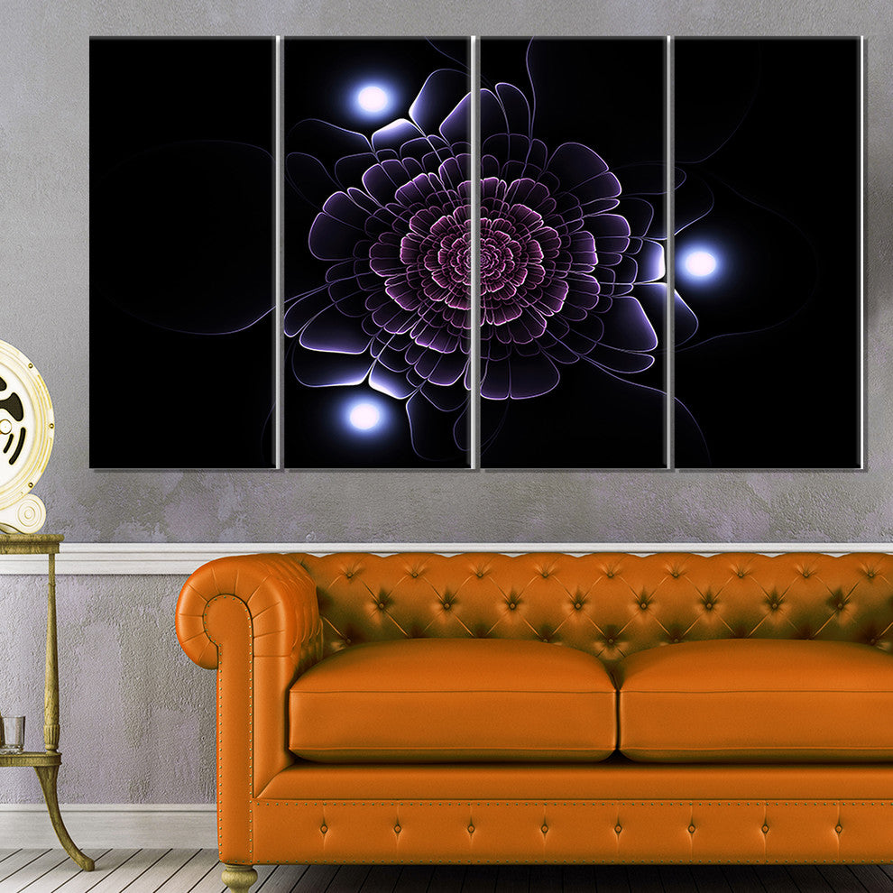Purple Fractal Flower on Dark, Floral Canvas Art Print, 48"x28", 4 Panels