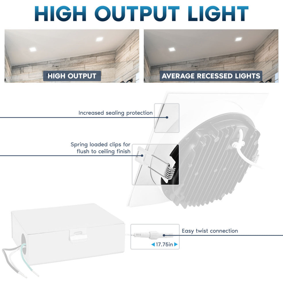 Luxrite 6" Square LED Recessed Light J-Box 18W 5CCT 1800LM 4 Pack