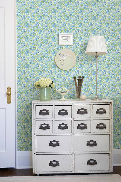 Floral Watercolor Wallpaper, Blue and Green, Bolt