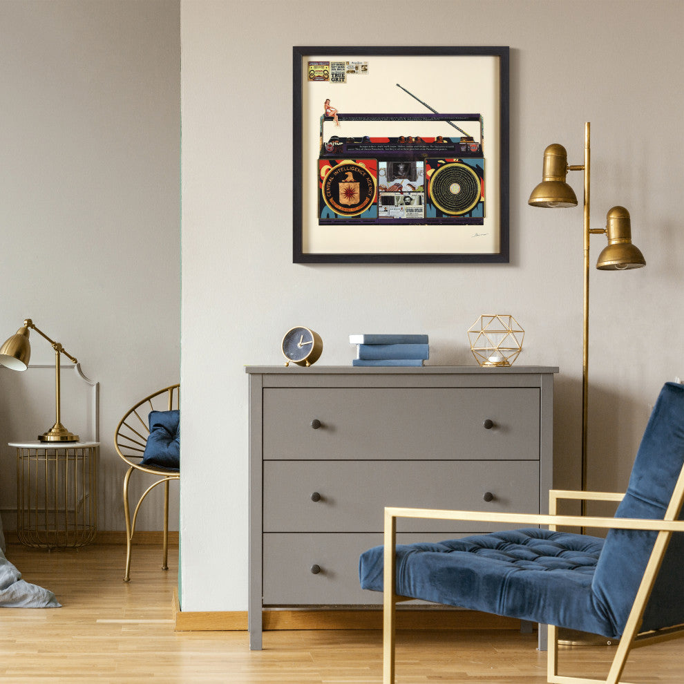 "Cia Boombox"Dimensional Collage, Under Glass, A Shadow Box Frame