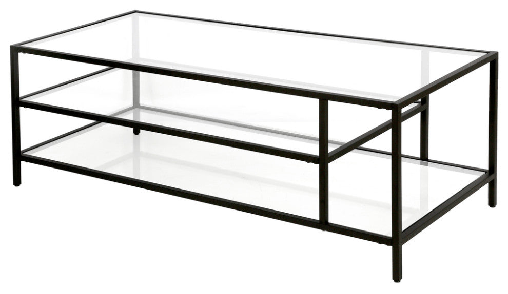46" Black Glass And Steel Coffee Table With Two Shelves