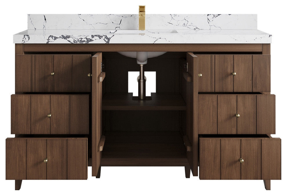Atlanta Teak 60" Single Sink Bath Vanity, Dark Natural 2" Viola Night