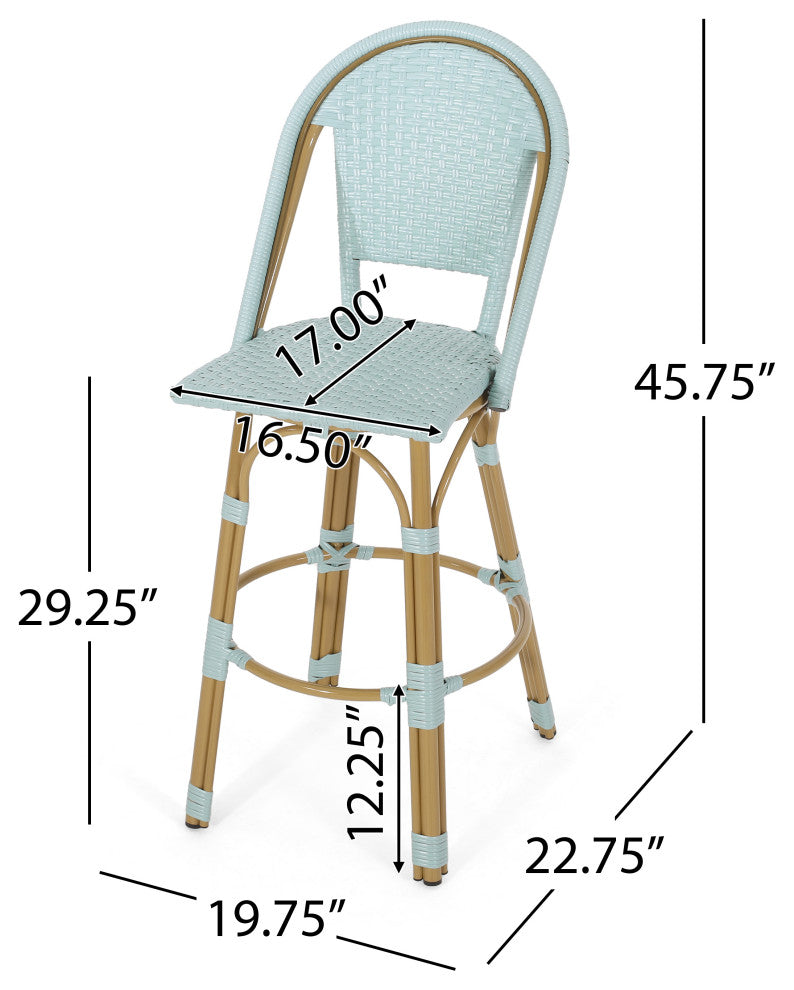 Cotterell Outdoor French Wicker and Aluminum 29.5" Barstools, Set of 4, Light Teal/Bamboo Finish