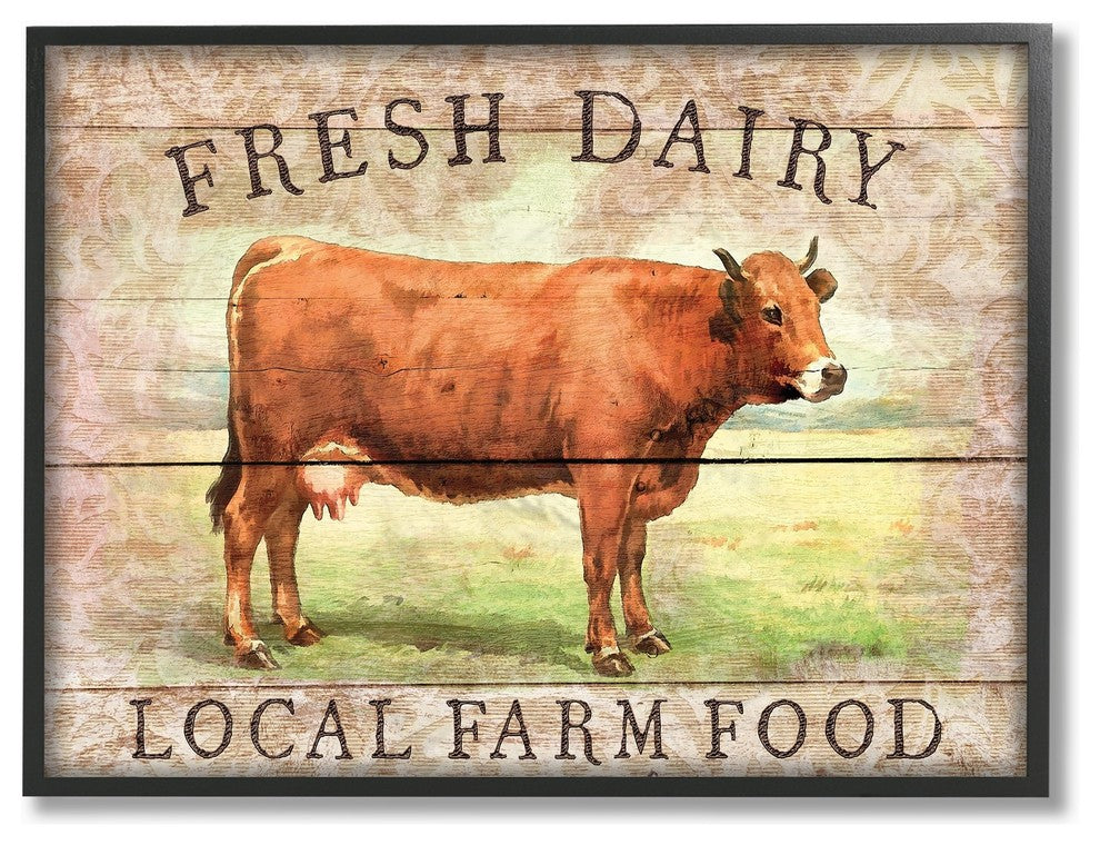 Fresh Dairy Local Farm Cow Planked Look Oversized Framed Giclee Art, 16"x20"