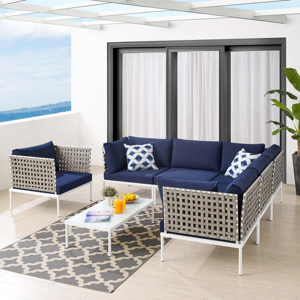 Lounge Sectional Sofa Chair Table Set, Sunbrella, Aluminum, Blue Navy, Outdoor