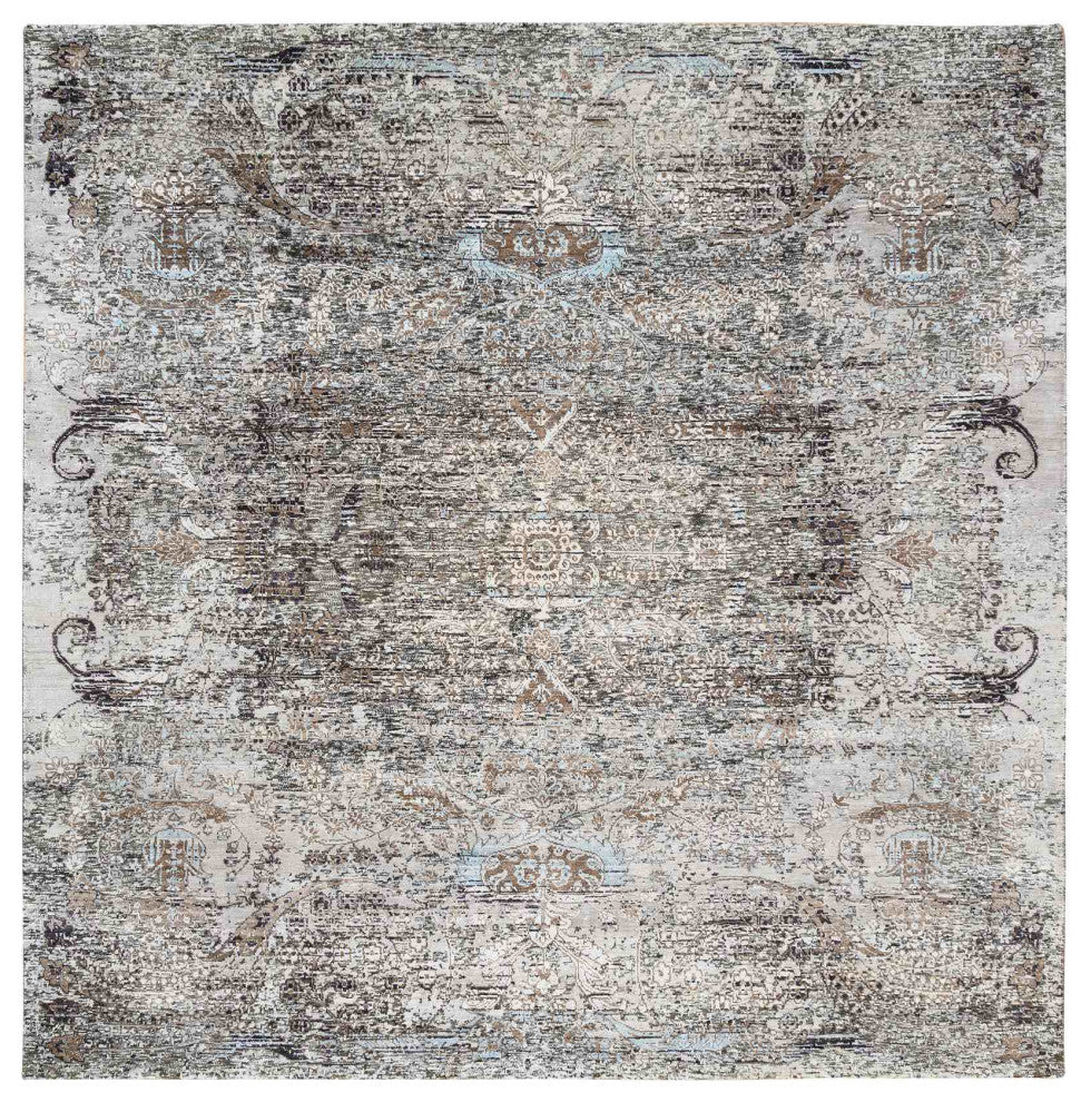 Gray, Hand Knotted, Modern, Silk with Textured Wool, Square Rug, 8'0" x 8'1"