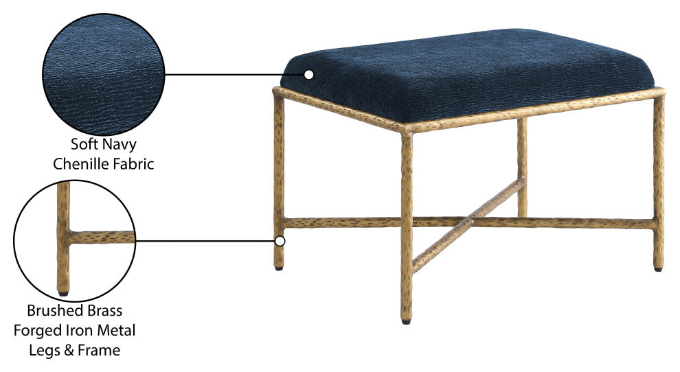 Valley Upholstered Bench, Navy, 25" W x 18" D, Gold, Chenille Fabric