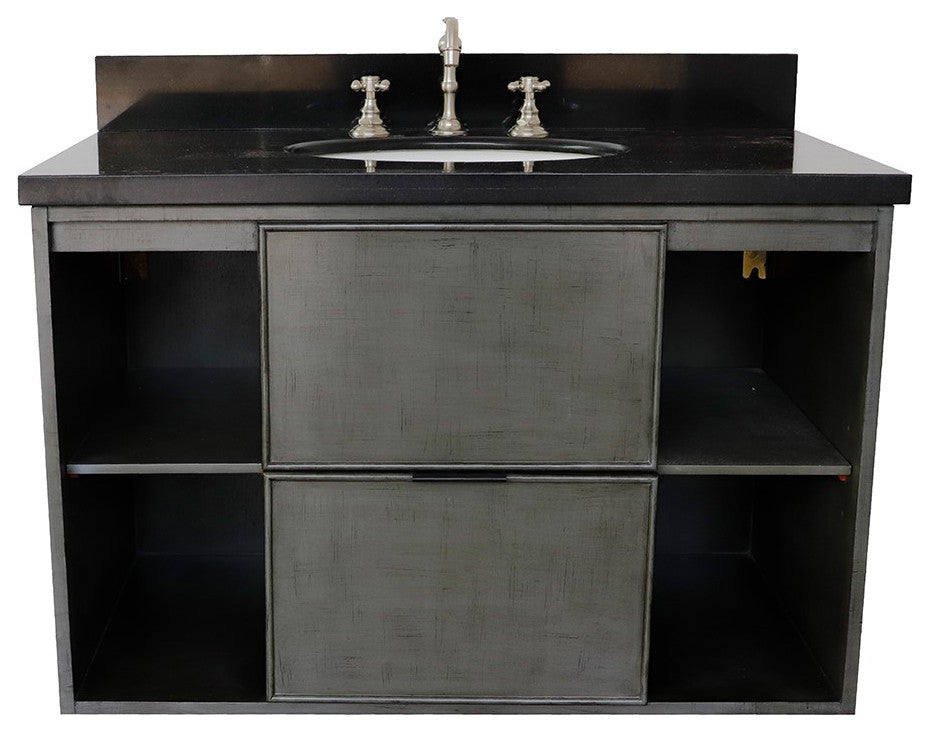 37" Single Wall Mount Vanity, Linen Gray Finish With Black Galaxy Top