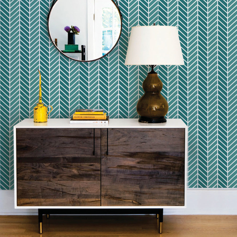Herringbone Two Tone Peel and Stick Vinyl Wallpaper, Teal, 24"w X 60"h