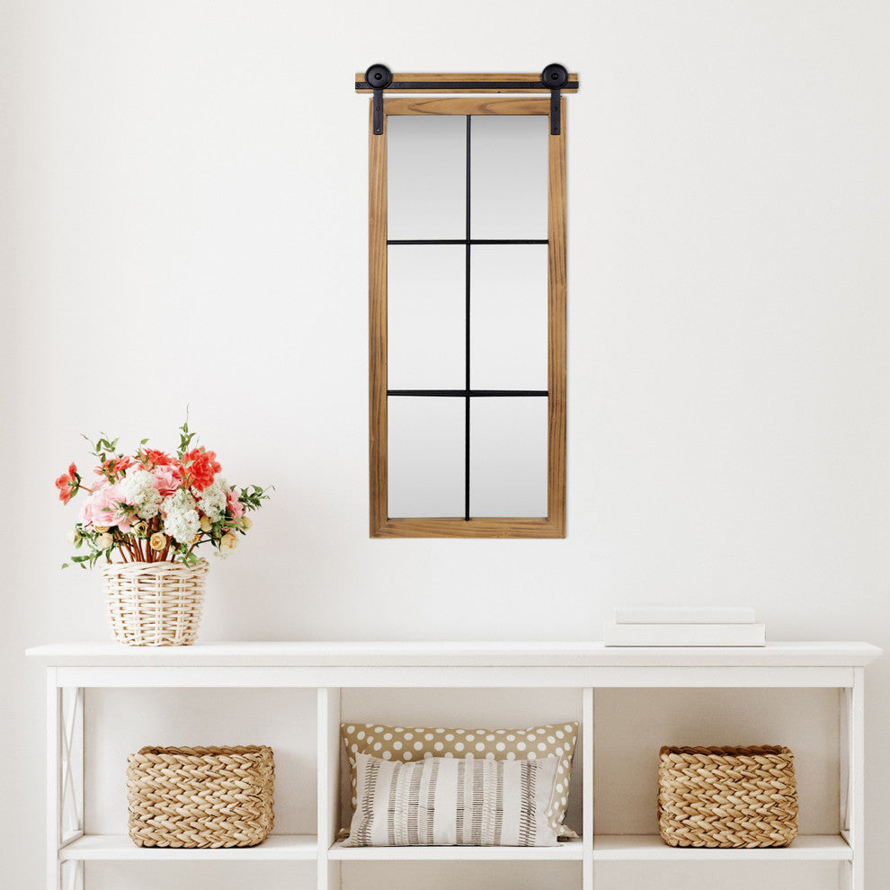 Farmhouse Style Brown Wooden Window Pane Wall Mirror