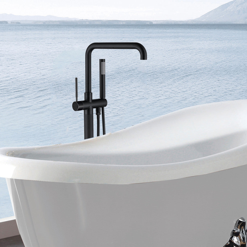 Floor Mounted Single Handle Bathtub Faucet, Handheld Shower, Matt Black