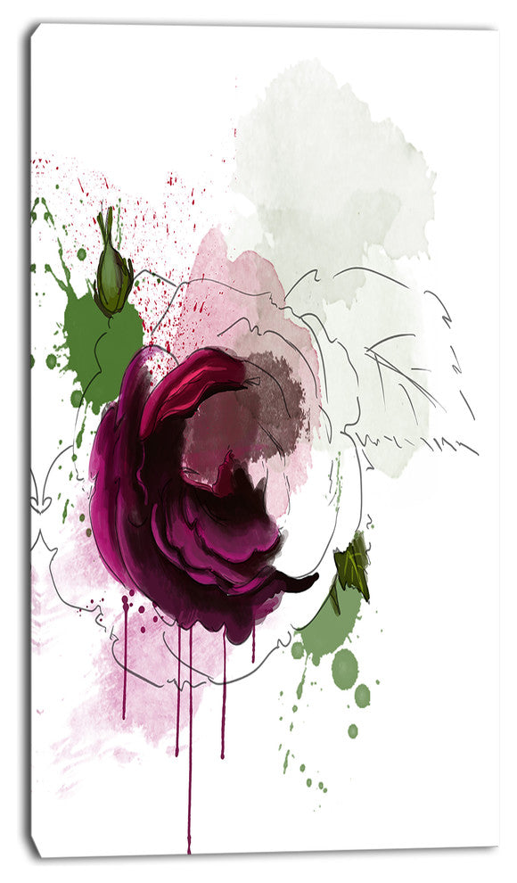 Purple Rose Sketch Watercolor, Floral Canvas Art Print, 16"x32"