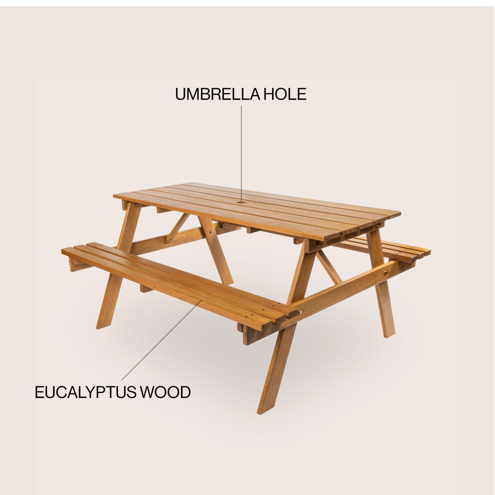 Shoreham 59" Modern Classic Outdoor Wood Picnic Table Benches With Umbrella Hole