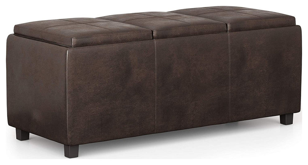 Modern Storage Ottoman, 3 Cushioned Flip Over Serving Trays, Distressed Brown
