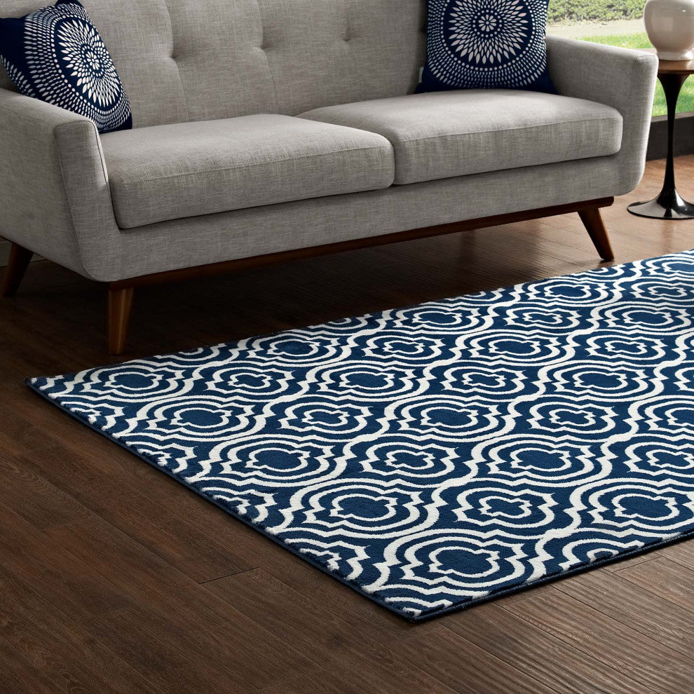 Moroccan Blue and Ivory Frame Transitional Moroccan Trellis 8x10 Area Rug
