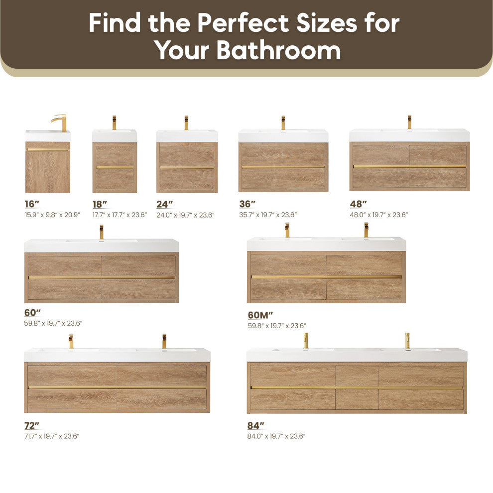Palencia Floating Bath Vanity With Composite Stone Top, North American Oak, 36", No Mirror