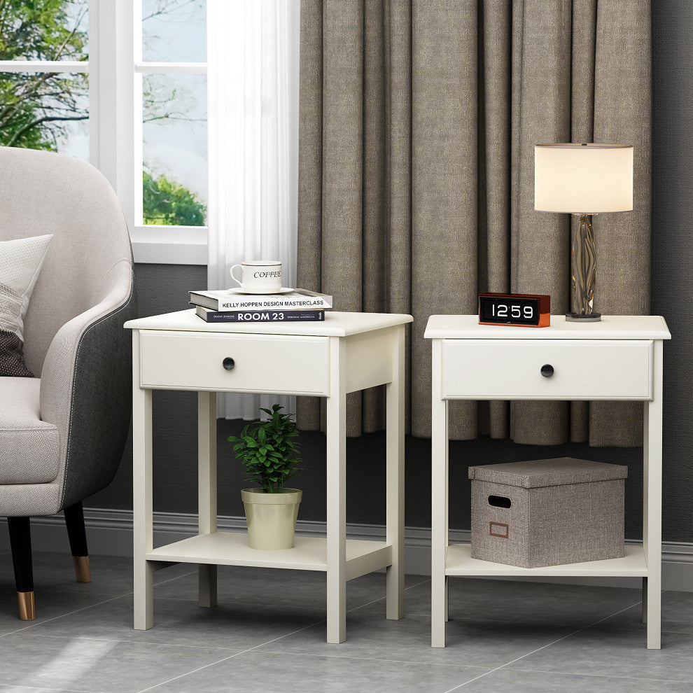 2 Set Wood Nightstand with 1-Drawer and Open Shelf in White