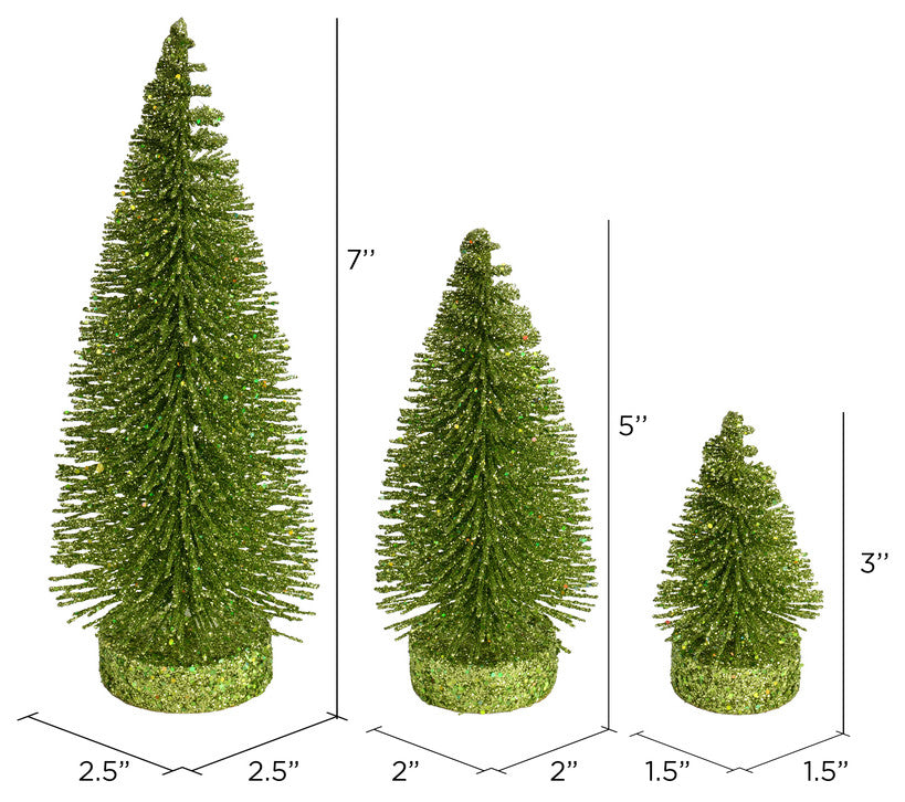 Glitter Oval Pine Artificial Christmas Tree Set of 3 , Lime, 3"-5"-7"