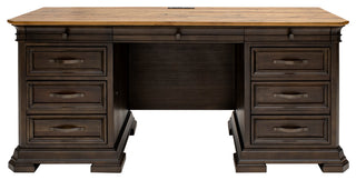 Executive Credenza, Desk With Solid Wood Plank Top, Fully Assembled, Brown