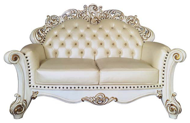 Acme Vendome Loveseat With 3 Pillows Champagne PU and Antique Pearl Finsih