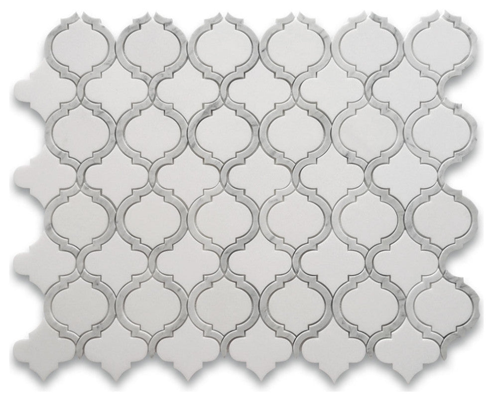 Thassos White Marble Arabesque Baroque Lantern Waterjet Tile Honed, 1 sheet