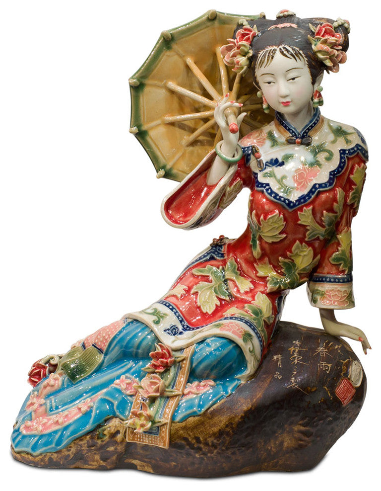 Chinese Porcelain Figurine, Lady in Red with Umbrella