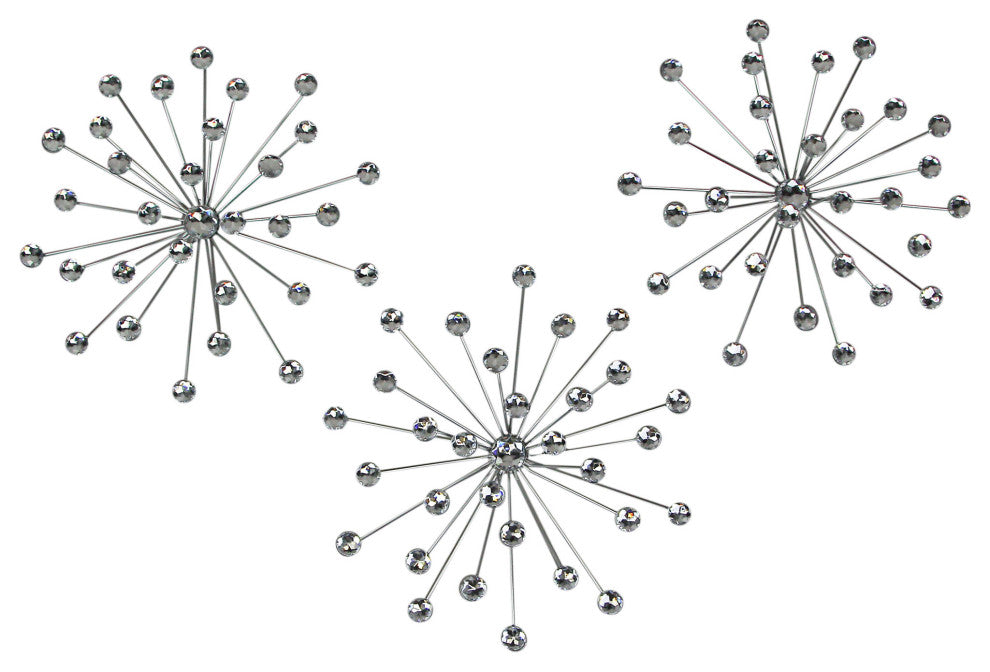 3 Silver Starburst Jeweled Metal Decorative Wall Art Hanging Rhinestone Crystal