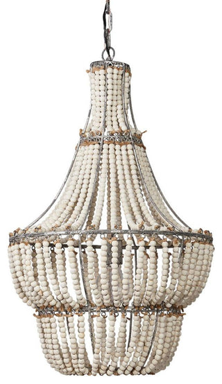 Vintage Style White Wood Bead Empire Shape Chandelier 18 x 30 Elegant Cottage