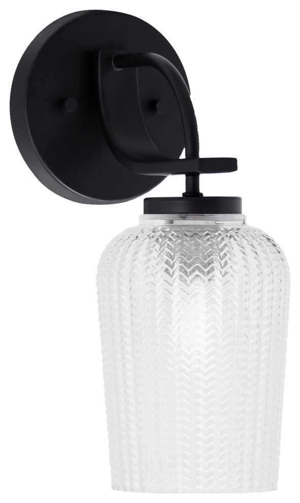 Cavella 1 Light Wall Sconce, Matte Black Finish, 5" Clear Textured Glass