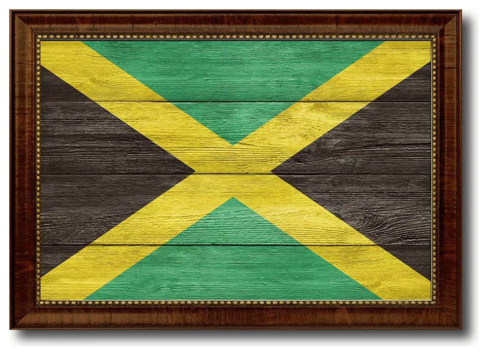 Jamaica Country Textured Flag Print With Brown Gold Frame, 19"X27"